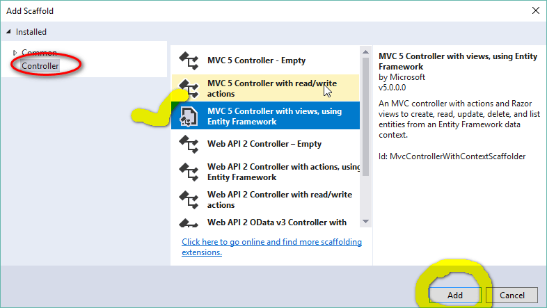 Bước 5: Kích chuột phải vào thư mục Controllers chọn Add -> Controllers -> Chọn MVC 5 Controller with views, using Entity Framework -> chọn Add.